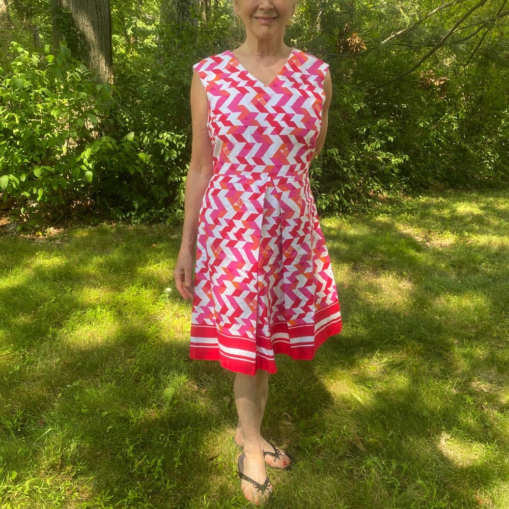 Cotton Dress with Colorful Geometric Design. One Pleat in Front